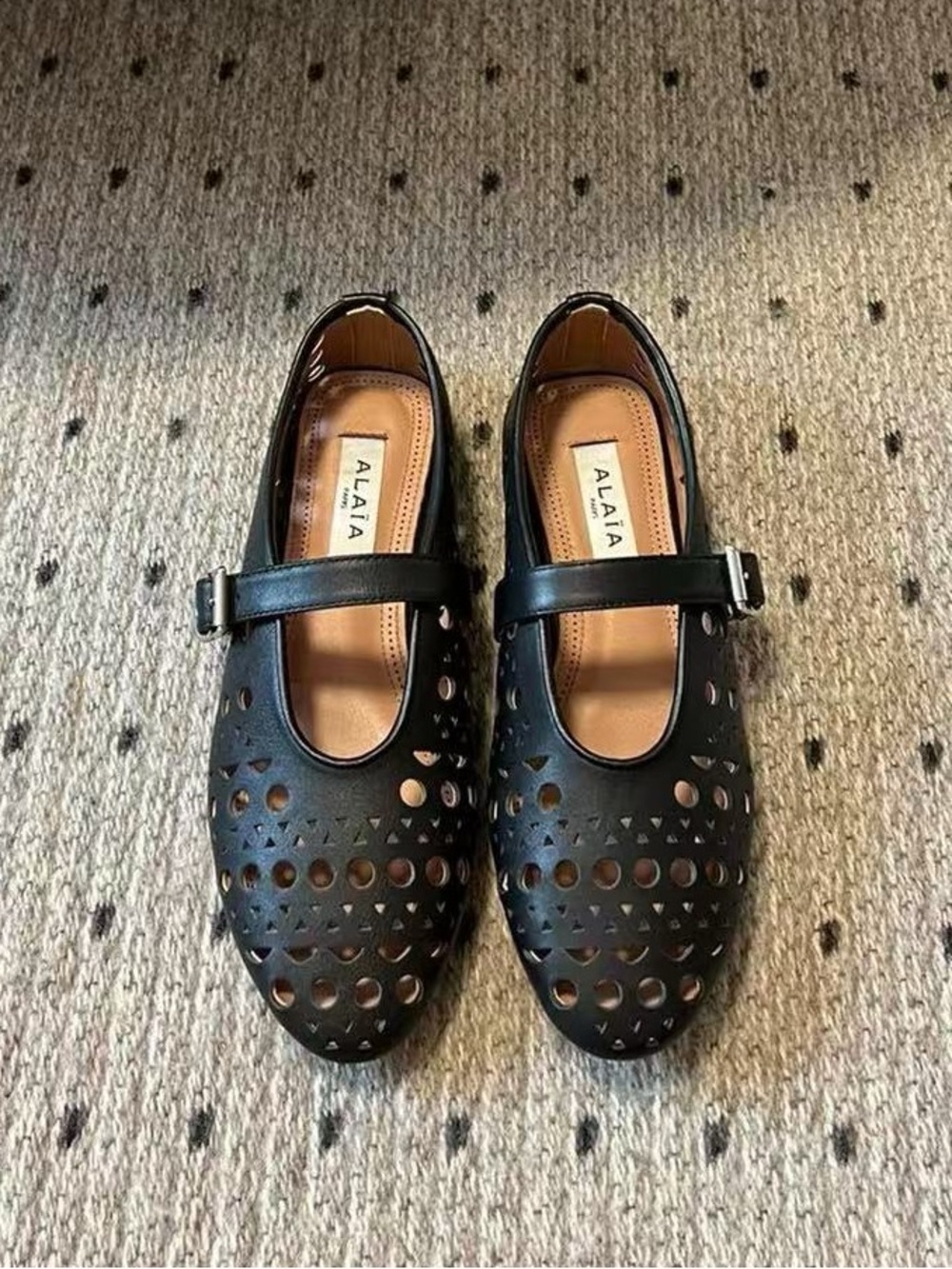 Alaia Black Perforated Leather Mary Jane Flat Shoes Buckle Strap Casual Flats